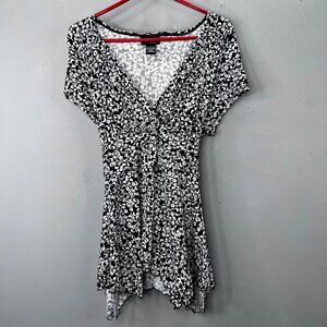 Vintage Y2K Babydoll Top XL Black Empire Waist V Neck Tie Back Asymmetrical